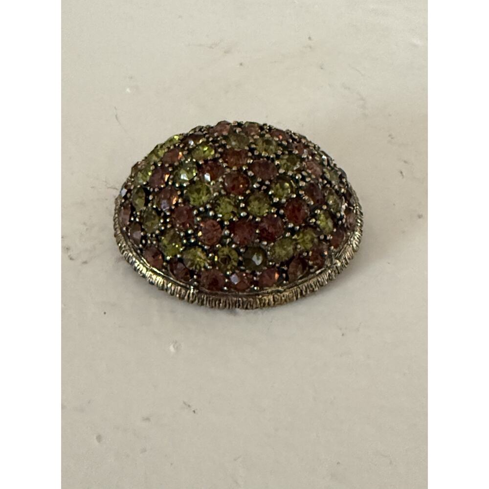 Vintage Signed Hattie Carnegie Domed Rhinestone Brooch Green Amber Gold Tone